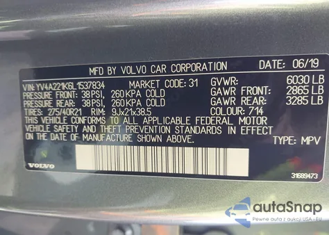 2020 Volvo Xc90 T6 Momentum 6 Passenger из США, поврежденный, VIN YV4A221K6L1537834